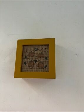 Vintage Mustard Yellow Framed Hand Stitched cross stitch pumpkins accent